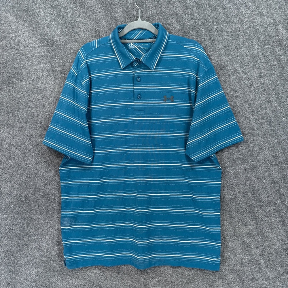 Under Armour Polo Shirt Mens Large Blue Striped HeatGear Short Sleeve Loose